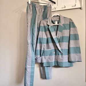 Vintage double breasted blazer pants 2pc set size Medium stripe grey teal 80s